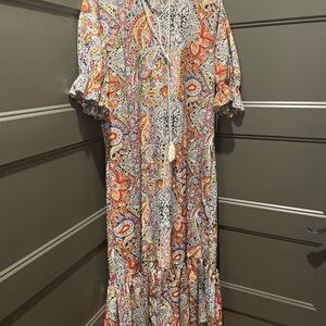 SHEIN Red and Orange Puff Sleeve Maxi Sundress